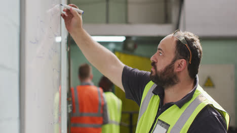 Caucasian-male-factory-worker-at-a-factory-writing-on-white-board