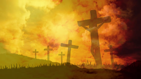 Animation-of-Christian-crosses-over-orange-clouds-moving