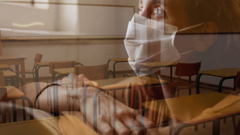 Woman-in-face-mask-against-empty-classroom