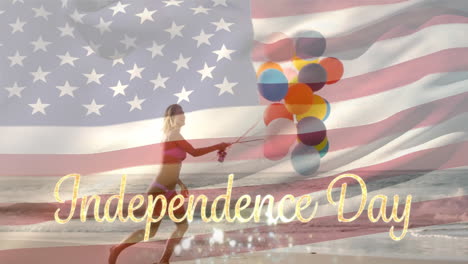 Mujer-Sosteniendo-Globos-En-La-Playa-Y-Bandera-Americana-Con-El-Día-De-La-Independencia.