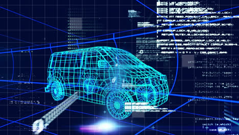 Animation-Eines-3D-Automodells,-Das-Durch-Einen-Tunnel-Fährt,-Mit-Daten-Und-Informationen