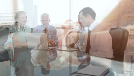 Washing-hands-in-sink-against-business-people-discussing-in-meeting-room