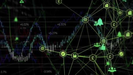 Globe-of-digital-icons-against-stock-market-data-processing