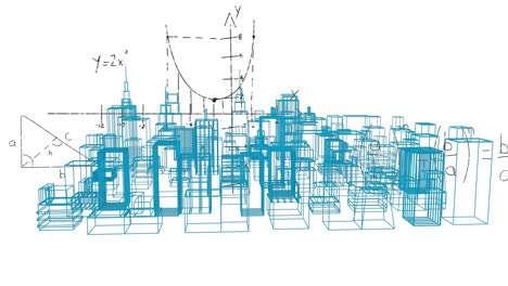 Animation-Eines-Architektur-Gebäudeplans,-Der-Sich-Dreht-Und-über-Dem-Mathematische-Formeln-Schweben