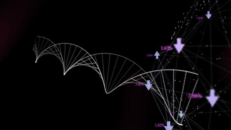 Digital-animation-of-dna-structure-spinning-against-globe-of-network-of-connections