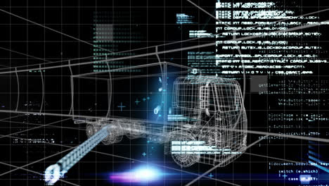 Animación-Del-Modelo-De-Camión-En-3D-Atravesando-Un-Túnel-Con-Datos-E-Información.