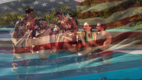 Grupo-De-Amigos-En-Una-Piscina-Y-La-Bandera-Americana-Para-El-4-De-Julio