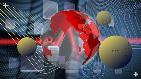 Animation-Eines-Sich-Drehenden-Roten-Globus-Mit-Drei-Gelben-Kugeln,-Die-über-Schwebenden-Silbernen-Quadraten-Erscheinen
