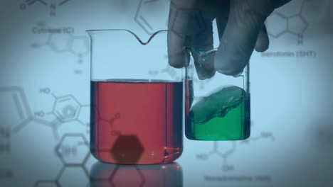 Laboratory-beakers-with-data-and-structural-formula-of-chemical-compounds-in-the-foreground