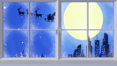 Animación-Digital-Del-Marco-De-La-Ventana-Contra-La-Silueta-De-Santa-Claus-En-Trineo