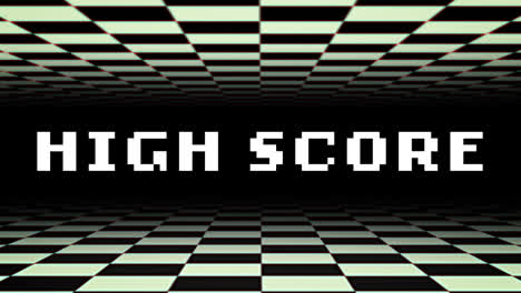 Highscore-In-Weiß-Geschrieben-Mit-Schwarz-weißem-Schachbrett,-Das-Sich-Oben-Und-Unten-Bewegt