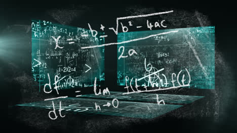 Animation-Von-Mathematischen-Gleichungen,-Die-Auf-Eine-Tafel-Geschrieben-Sind,-über-Mathematischen-Formeln-Auf-Tafeln-