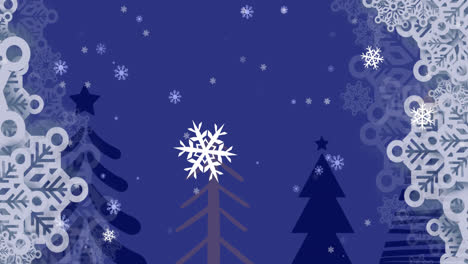 Digital-animation-of-snowflakes-falling-over-multiple-trees-against-blue-background