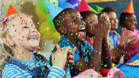 Animation-of-multi-coloured-confetti-falling-over-children-at-party