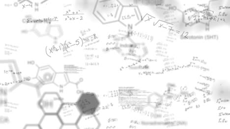 Animation-Chemischer-Elemente-über-Mathematischen-Gleichungen,-Die-Auf-Weißem-Hintergrund-Schweben