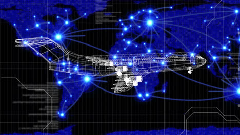 Animación-Del-Procesamiento-De-Datos-A-Través-De-La-Red-De-Conexiones-De-Viaje-En-El-Mapa-Mundial-Y-Dibujo-De-Avión-En-3D