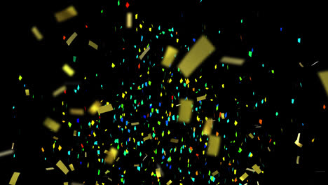 Animation-of-multi-coloured-confetti-falling-over-black-background