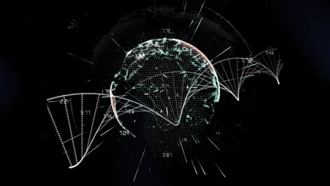 Digital-animation-of-dna-structure-spinning-against-globe-of-network-of-connections-on-blue-backgrou