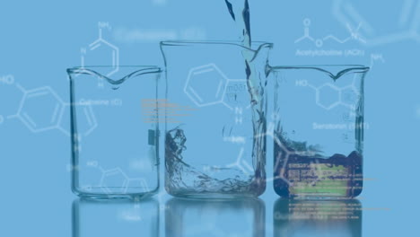 Laboratory-beakers-with-data-and-structural-formula-of-chemical-compounds-in-the-foreground