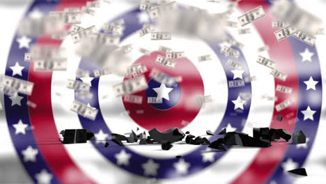 Dollar-symbol-and-bills-moving-against-stars-on-spinning-circles