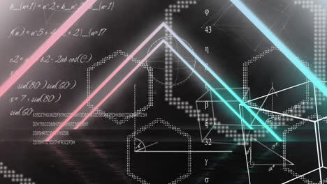 Animation-Eines-Tunnels-Aus-Sich-Bewegenden-Bunten-Hellen-Dreiecken,-Weiße-Umrisse-Auf-Schwarzem-Hintergrund