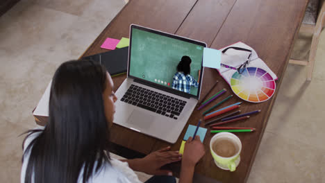 Caucasian-female-student-using-laptop-on-video-call-with-female-teacher,-making-notes