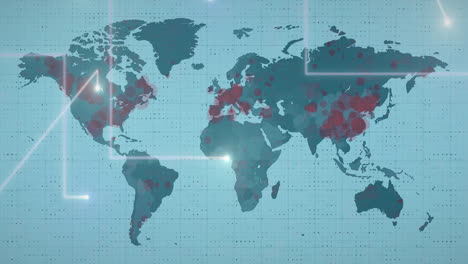 Estelas-De-Luz-Moviéndose-Sobre-El-Mapa-Mundial-Volviéndose-Rojas-Contra-El-Fondo-Azul.