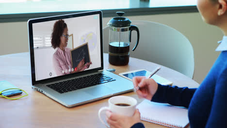 Caucasian-female-student-using-laptop-on-video-call-with-female-teacher,-making-notes