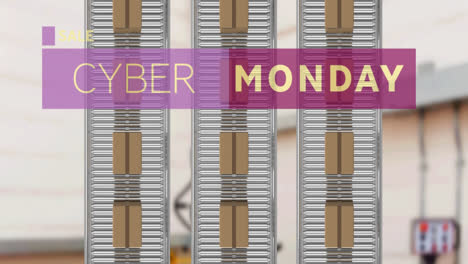 Animation-of-cyber-monday-text-over-cardboard-boxes-on-conveyor-belts-in-warehouse