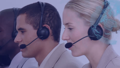 Animation-of-globe-over-business-people-using-phone-headsets