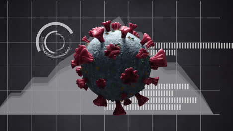 Digital-animation-of-covid-19-cell-spinning-over-grid-network-against-round-scanner-and-graphs