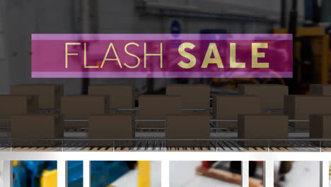 Animation-of-flash-sale-text-over-cardboard-boxes-on-conveyor-belts-in-warehouse