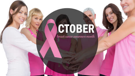 Animation-of-pink-ribbon-logo-with-breast-cancer-text-over-diverse-group-of-smiling-women