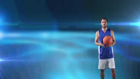 Animación-De-Un-Jugador-De-Baloncesto-Jugando-Con-Una-Pelota-Sobre-Un-Fondo-Azul-Brillante