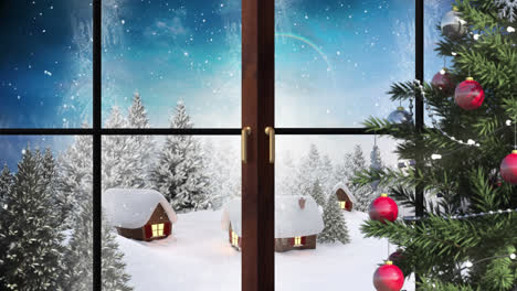 Animation-Einer-Winterlandschaft-Mit-Weihnachtsdekoration,-Gesehen-Durch-Ein-Fenster