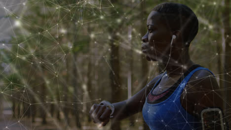 Animation-of-network-of-connections-over-woman-exercising-in-forest