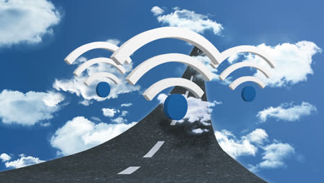 Animation-Von-WLAN-Symbolen-Und-Wolken-Und-Straße-Auf-Blauem-Hintergrund