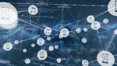 Animation-Eines-Netzwerks-Von-Verbindungen-über-Bewölktem-Himmel-Und-Datenverarbeitung