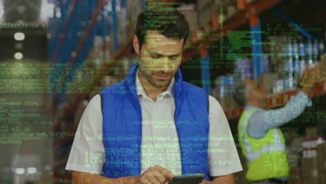 Animation-Der-Datenverarbeitung-über-Einen-Mann,-Der-Ein-Smartphone-Im-Lager-Verwendet