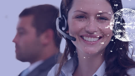 Animation-of-globe-over-business-people-using-phone-headsets