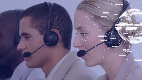 Animation-of-globe-over-business-people-using-phone-headsets