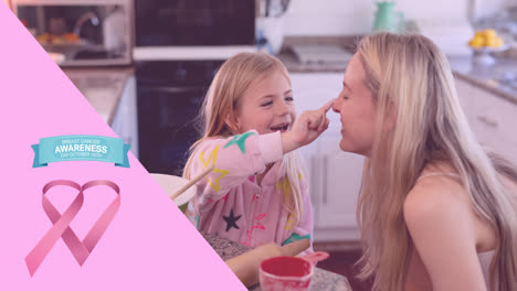 Animation-of-pink-ribbon-logo-with-breast-cancer-text-over-smiling-mother-and-daughter-indoors