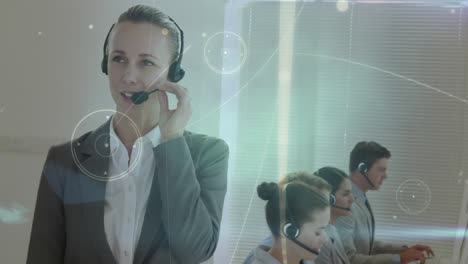 Animation-of-network-of-connections-over-business-people-wearing-phone-headsets