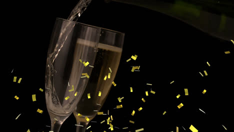 Animation-of-confetti-falling-over-champagne-glasses-on-black-background