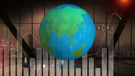 Animation-of-globe-rotating-over-interface-with-data-processing-on-graphs