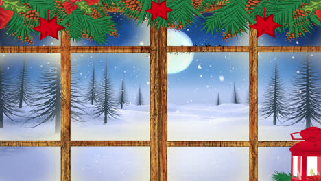 Animation-Einer-Winterlandschaft-Mit-Weihnachtsdekoration,-Gesehen-Durch-Ein-Fenster