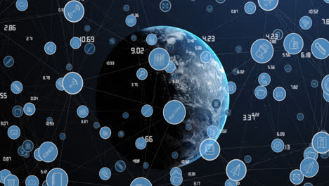 Animation-of-network-of-connections-with-icons-over-globe