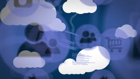 Animation-of-online-icons-and-digital-clouds-with-electronic-devices-on-blue-background