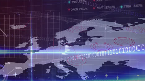 Senderos-De-Luz-Y-Procesamiento-De-Datos-Del-Mercado-De-Valores-Contra-Círculos-Pulsantes-En-El-Mapa-Mundial