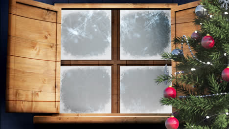 Animation-Einer-Winterlandschaft-Mit-Weihnachtsdekoration,-Gesehen-Durch-Ein-Fenster